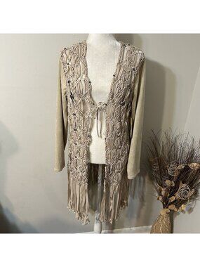 NWT Reba Women Macrame Jacket Cardigan Beads Fringe Faux Suede Beige Tie Front M